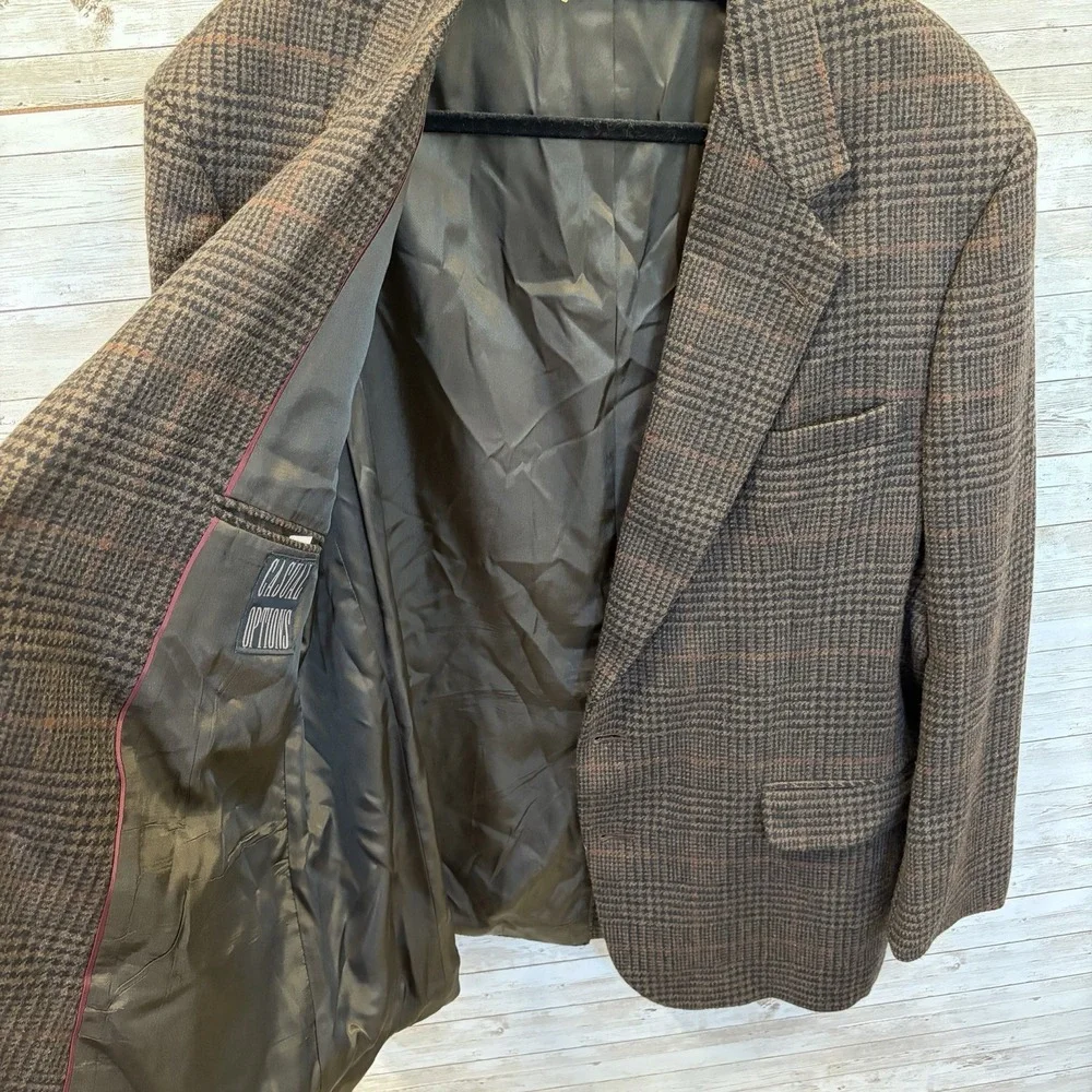 Vtg 80s Casual Options Mens 46R Blazer‎ Brown Wool Glen Plaid Tweed Made in USA